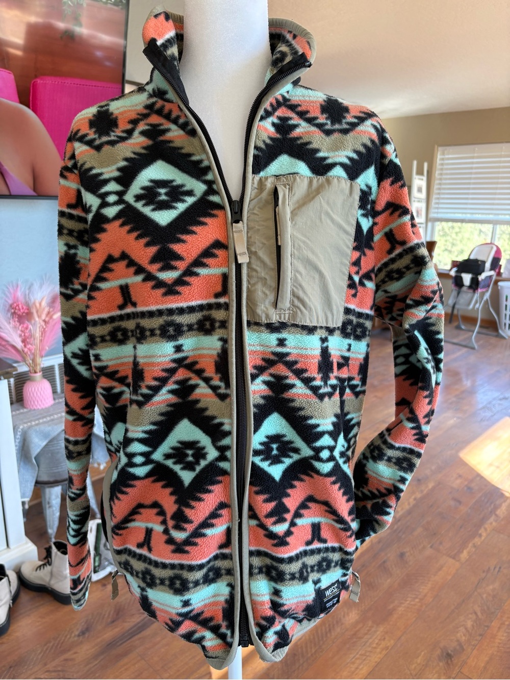 Wesc Aztec Fleece Jacket in Coral, Mint & Black